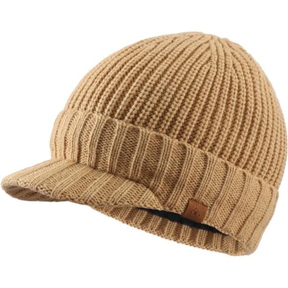 Men's Winter Hat Thick Knit Beanie Cap Beige - Picture 1 of 7